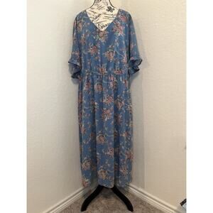 Bloom Chic Blue Dress Size 26 EUC Trad Wife Floral Print Lined Prairie Peasant
